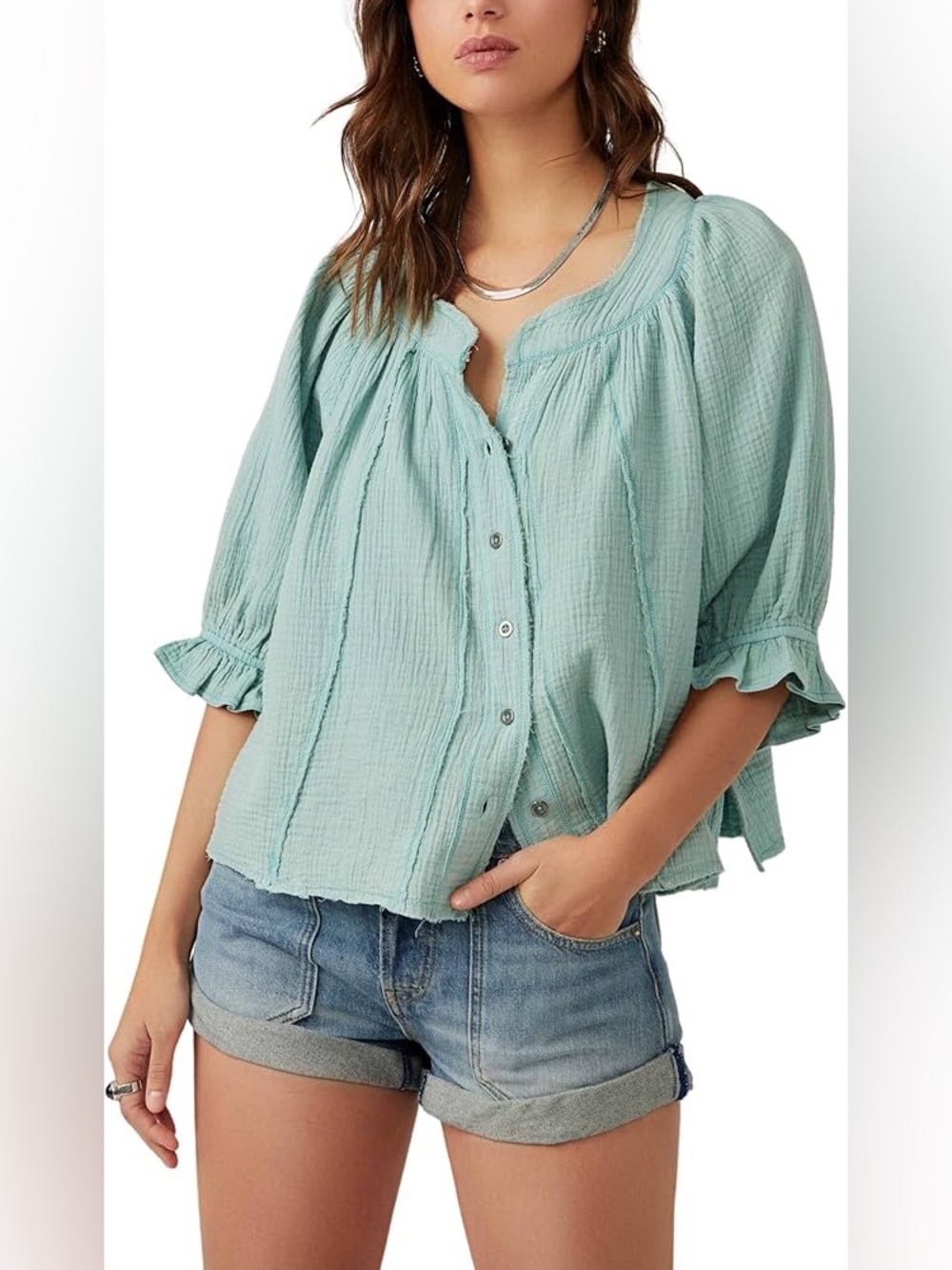 We The Free Lucy Solid Gauze 100% Cotton Button-Down Swing Top Blue Surf Size M - Picture 2 of 9